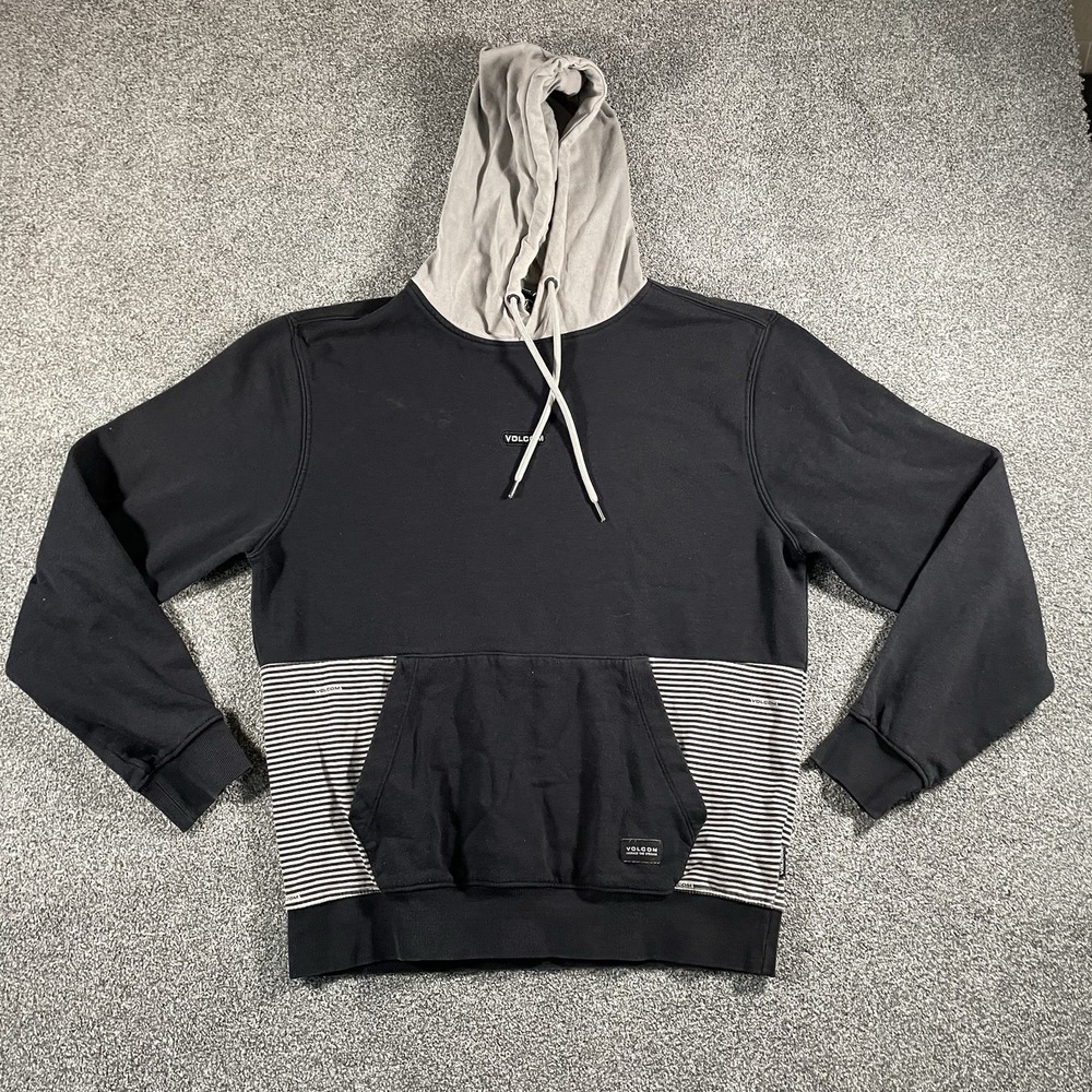 Volcom Hoodie Black Gray Striped Pullover Hooded Sweatshirt Men's Medium